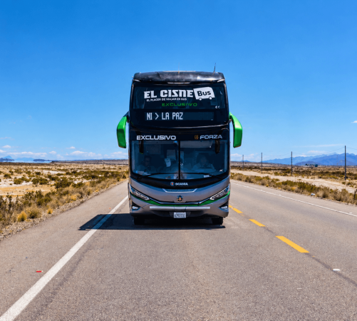 Autobús El Cisne en carretera desértica